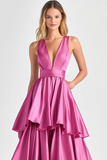 Fuchsia A-Line V Neck Ruffles Long Prom Dress