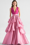 Hot Pink A-Line V Neck Ruffles Long Prom Dress