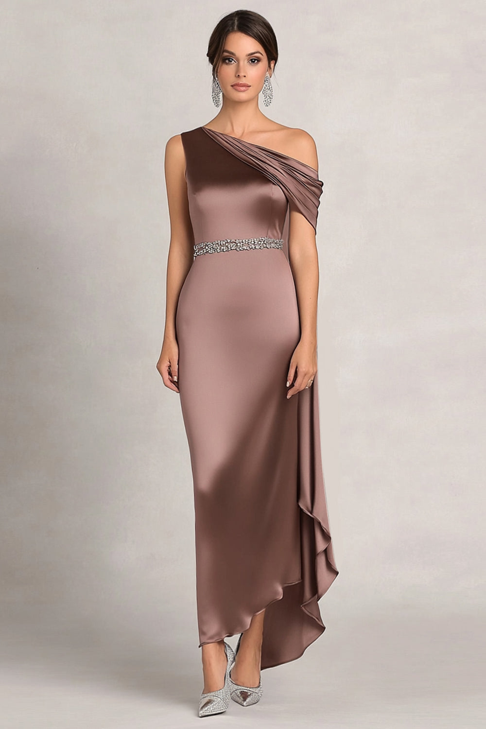 taupe evening dress ZAPAKA Women One Shoulder Taupe Long Choir Dress Sheath Beaded Satin Ruched Formal Dress, Taupe / US26W
