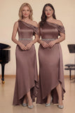 One Shoulder Sheath Beaded Taupe Satin Long Choir Dress