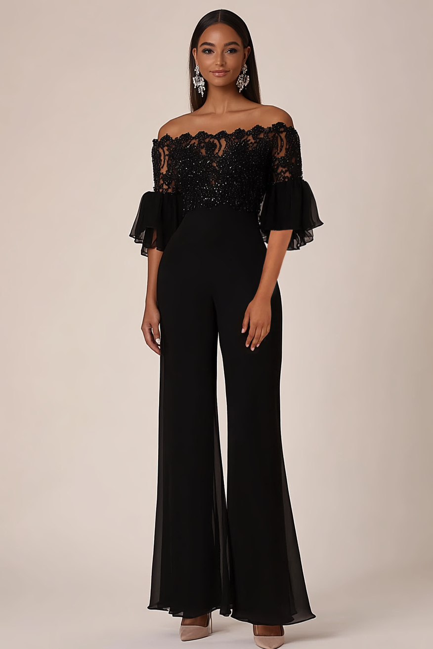Zapaka Women Black Off the Shoulder Half Sleeves Chiffon Long Zapaka Women Black Off the Shoulder Half Sleeves Chiffon Long