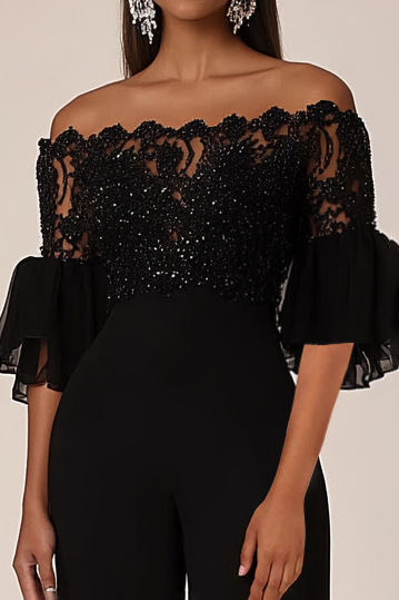 Zapaka Women Black Off the Shoulder Half Sleeves Chiffon Long Zapaka Women Black Off the Shoulder Half Sleeves Chiffon Long