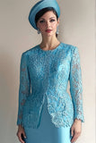 Blue Sheath Long Sleeves 2 Piece Mother of The Bride Dress