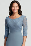 Chiffon Round Neck Lace Dusty Blue Mother of The Bride Dress with Half Sleeves