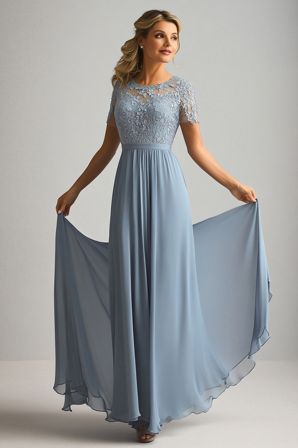 Zapaka Women Lace Mother of The Bride Dress A Line Dusty Blue Chiffon Round Neck Short Sleeves Long Formal Dress, Grey Blue / US16 Zapaka Women Lace Mother of The Bride Dress A Line Dusty Blue Chiffon Round Neck Short Sleeves Long Formal Dress, Grey Blue / US16