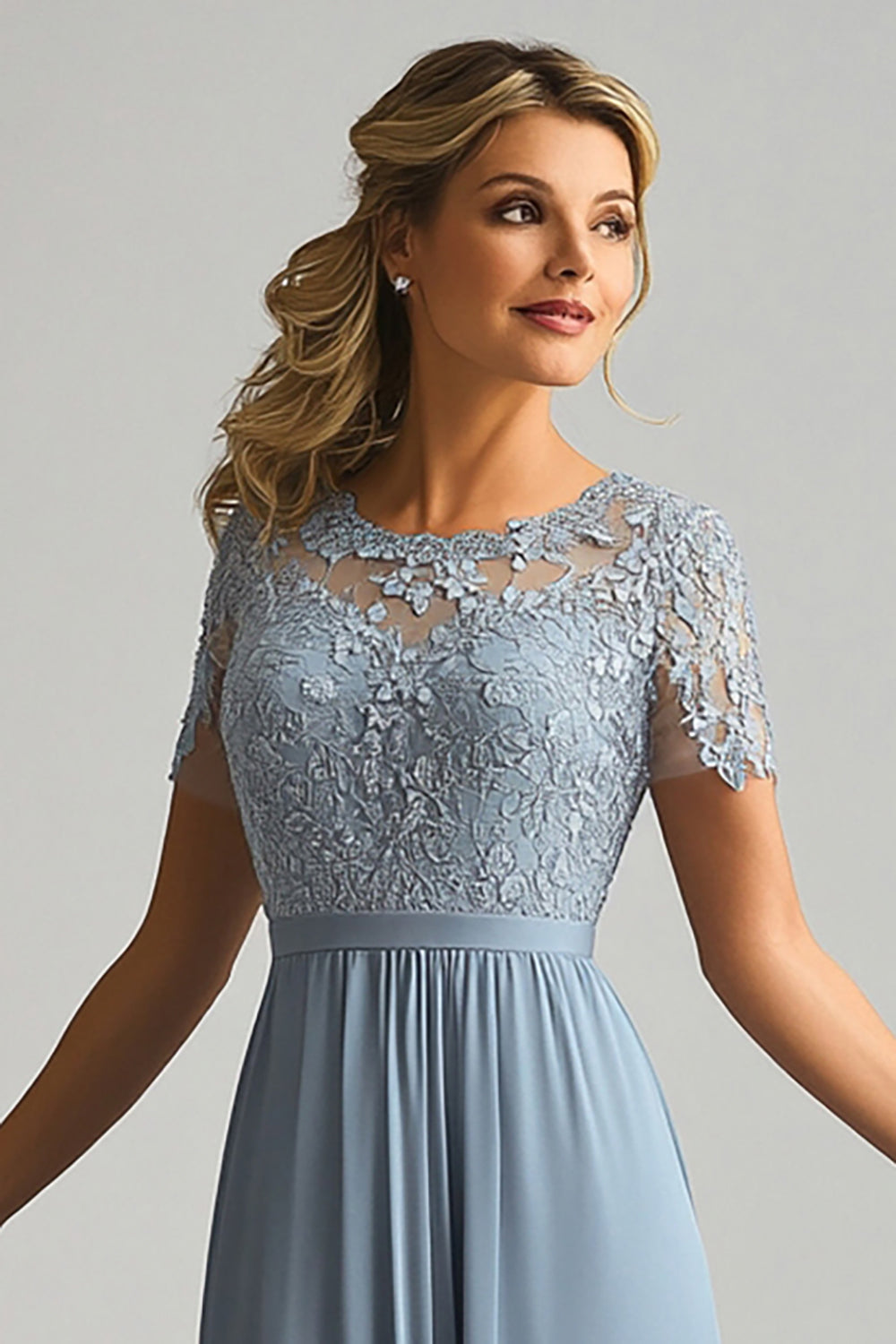 Zapaka Women Lace Mother of The Bride Dress A Line Dusty Blue Chiffon Round Neck Short Sleeves Long Formal Dress, Grey Blue / US16 Zapaka Women Lace Mother of The Bride Dress A Line Dusty Blue Chiffon Round Neck Short Sleeves Long Formal Dress, Grey Blue / US16