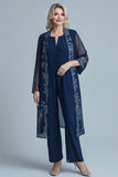 Jumpsuit Navy Appliques Chiffon Long Sleeves Square Neck Mother of the Bride Sets