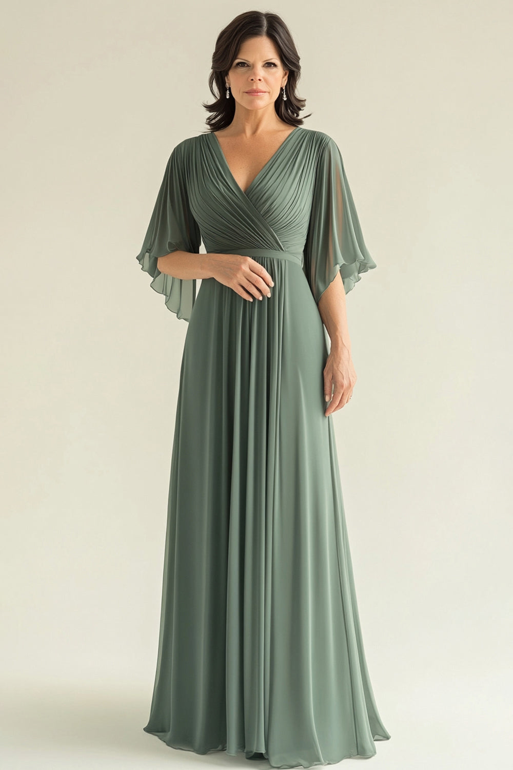 Zapaka Women Agave Mother of The Bride Dress Chiffon Pleated Flare Sleeves V Neck Wedding Guest Dress, Agave / US4 Zapaka Women Agave Mother of The Bride Dress Chiffon Pleated Flare Sleeves V Neck Wedding Guest Dress, Agave / US4