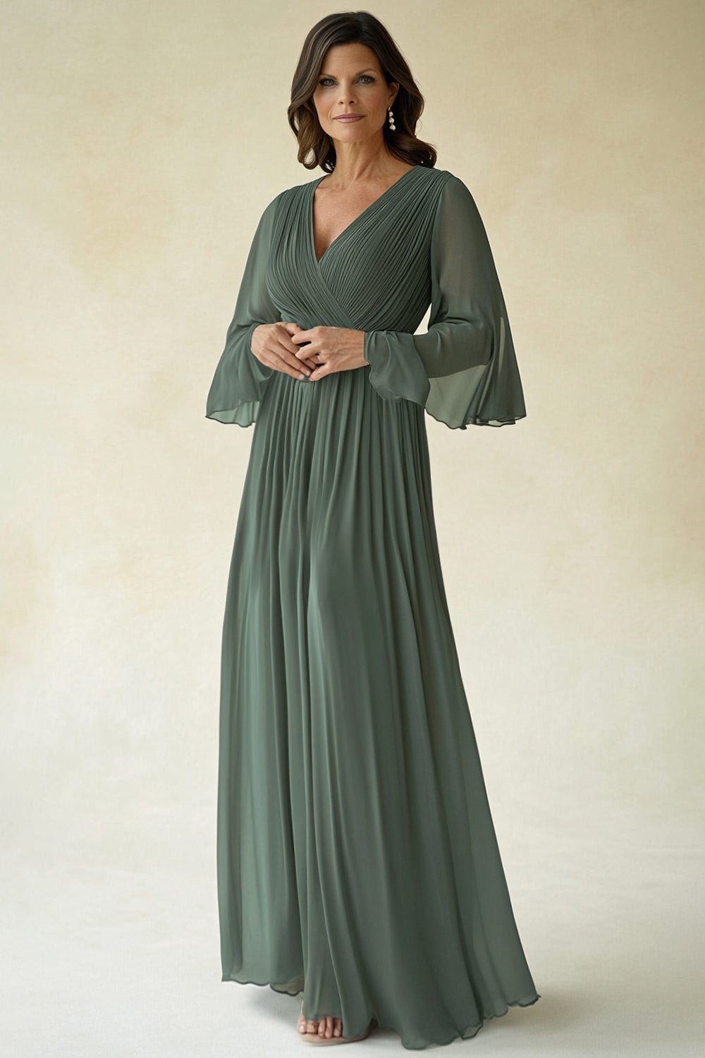 Zapaka Women Agave Mother of The Bride Dress Chiffon Pleated Flare Sleeves V Neck Wedding Guest Dress, Agave / US4 Zapaka Women Agave Mother of The Bride Dress Chiffon Pleated Flare Sleeves V Neck Wedding Guest Dress, Agave / US4