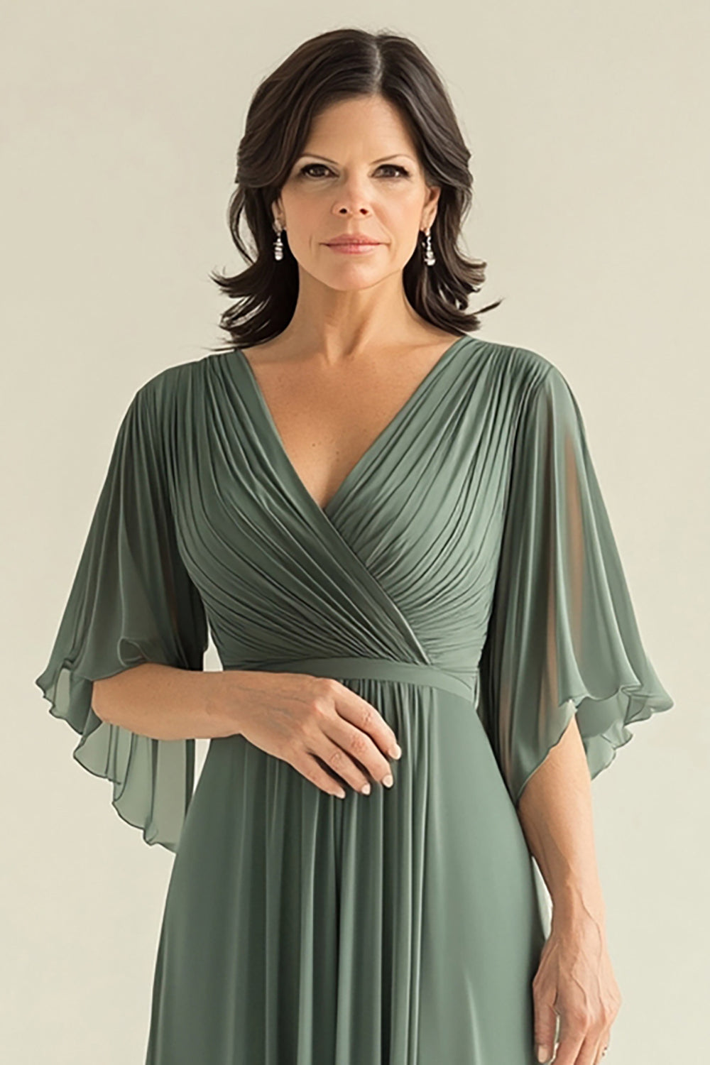 Zapaka Women Agave Mother of The Bride Dress Chiffon Pleated Flare Sleeves V Neck Wedding Guest Dress, Agave / US4 Zapaka Women Agave Mother of The Bride Dress Chiffon Pleated Flare Sleeves V Neck Wedding Guest Dress, Agave / US4