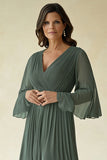 Agave Chiffon Pleated Flare Sleeves V Neck Mother of The Bride Dress