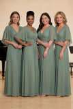 Green A-Line Pleated Chiffon Half Sleeves Long Choir Dress