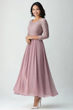 Lace Blush Chiffon Scoop Neck A Line Mother of The Bride Dress