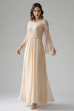 Apricot Lace Flare Sleeves Chiffon Scoop Neck Mother of The Bride Dress