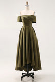 Off the Shoulder Olive A-Line Ruched Satin Ankle Length Mother of the Bride Dress