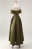 Off the Shoulder Olive A-Line Ruched Satin Ankle Length Mother of the Bride Dress
