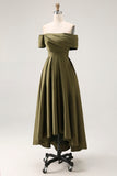 Off the Shoulder Olive A-Line Ruched Satin Ankle Length Mother of the Bride Dress
