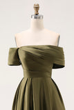 Off the Shoulder Olive A-Line Ruched Satin Ankle Length Mother of the Bride Dress