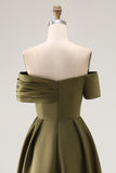 Off the Shoulder Olive A-Line Ruched Satin Ankle Length Mother of the Bride Dress