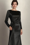 Black Mermaid Long Sleeves Satin Ruched Long Mother of the Bride Dress