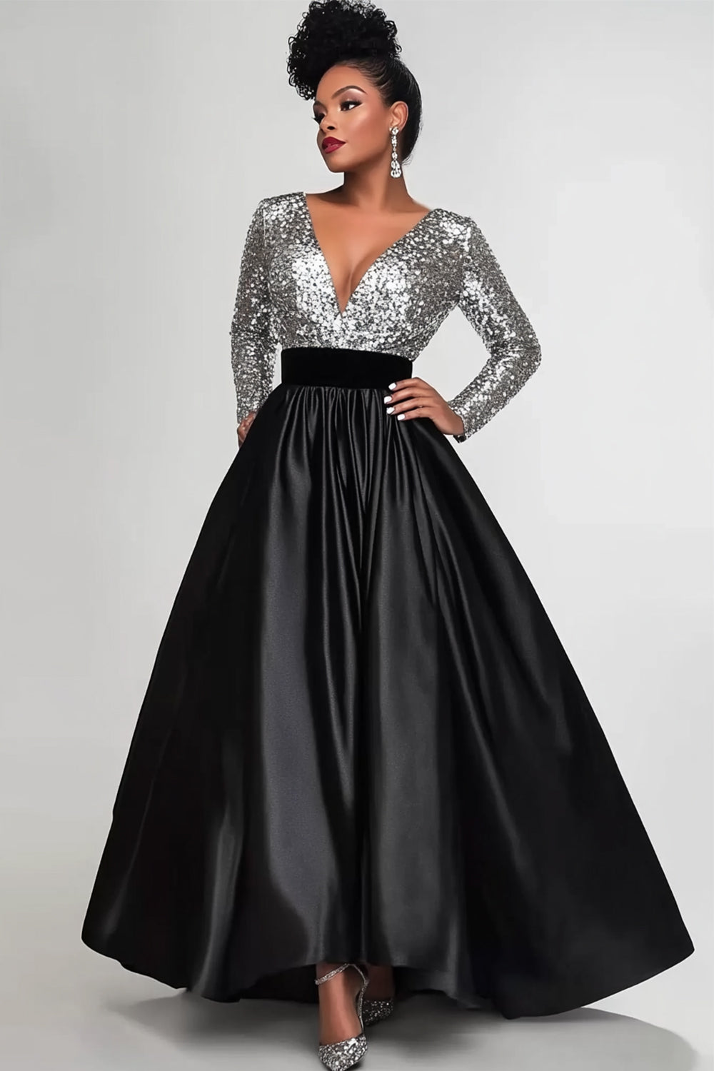 Silver Dark Gray Evening Dress Sparkly Black Silver A-Line Long