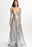 Sparkly V Neck Silver Sequined A Line Formal Dress