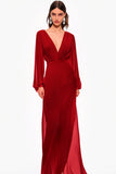 Red V-Neck Chiffon Mother Of the Bride Dress with Long Sleeves