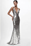 Sparkly Silver V-neck Sequined Mermaid Formal Dress