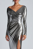 Silver Metallic Satin Ruched Sheath Formal Dress with Slit