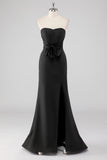 Elegant Black Strapless Bow Detail Mermaid Evening Dress with Slit