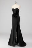 Elegant Black Strapless Bow Detail Mermaid Evening Dress with Slit