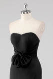 Elegant Black Strapless Bow Detail Mermaid Evening Dress with Slit