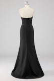 Elegant Black Strapless Bow Detail Mermaid Evening Dress with Slit