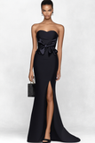 Elegant Black Strapless Bow Detail Mermaid Evening Dress with Slit