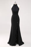 Black Mermaid Halter Neck Ruffles Long Formal Dress with Slit