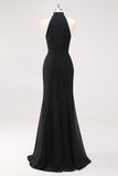 Halter Neck Black Ruffles Mermaid Long Formal Dress with Slit