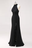 Black Mermaid Halter Neck Ruffles Long Formal Dress with Slit