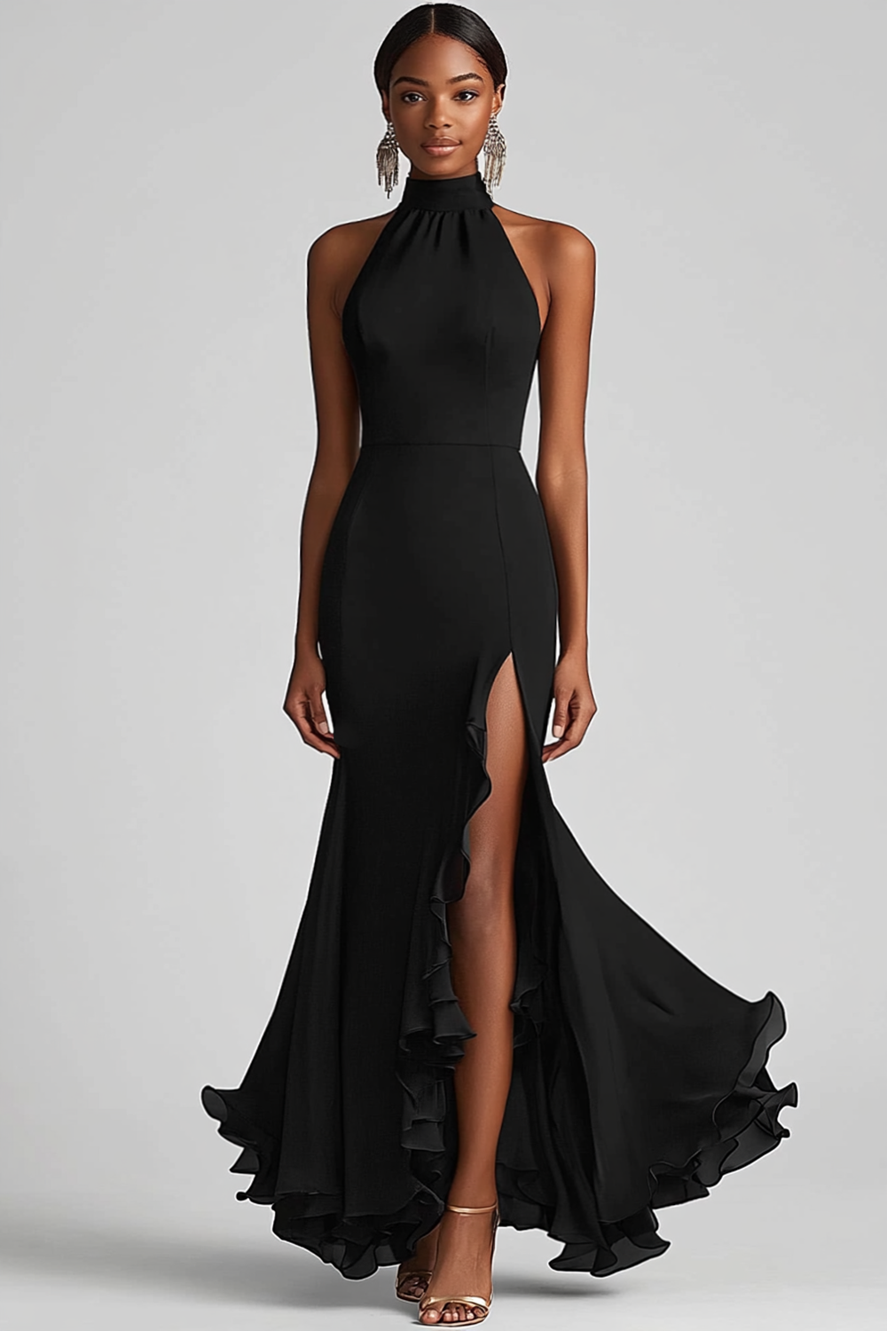 Zapaka Women Halter Neck Prom Dress Black Ruffles Mermaid Long Formal