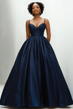 Sweetheart Navy Spaghetti Straps Long Satin Ball Gown with Side Invisible Pockets