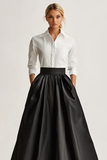 Full Length Black Satin A Line Skirt with Pockets