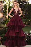 Deep V Neck Burgundy 3 Tiered Layers Floor Length Formal Dress