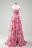 Blush Floral Printed Princess Sweetheart Tiered Long Prom Dress