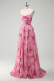 Blush Floral Printed Princess Sweetheart Tiered Long Prom Dress