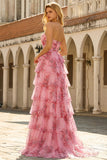 Floral A-Line Strapless Tiered Ruffle Long Blush Prom Dress with Slit