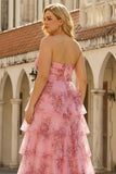 Blush Floral Printed Princess Sweetheart Tiered Long Plus Size Prom Dress