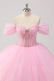 Princess Pink Ball Gown Off the Shoulder Beading Tulle Quinceanera Dress