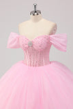 Princess Pink Ball Gown Off the Shoulder Beading Tulle Quinceanera Dress