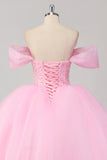 Princess Pink Ball Gown Off the Shoulder Beading Tulle Quinceanera Dress