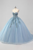 Princess Grey Blue Strapless Tulle Quinceanera Dress with Appliques