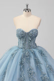 Princess Grey Blue Strapless Tulle Quinceanera Dress with Appliques